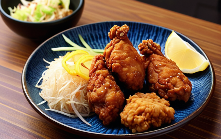 **

A delicious-looking plate of "Karaage" (Japanese fried chicken) made with soy meat. Focus on a close-up shot to highlight the texture and golden-brown color. Include some typical Japanese side dishes like shredded cabbage and lemon wedges. The overall feel should be appetizing and inviting, suggesting a healthy yet satisfying meal.

**