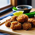 A close-up, professional food photography shot of crispy, golden-brown alternative protein "karaage" made from soy meat, showcasing its perfectly fried exterior and tender, juicy texture within. The karaage pieces are artfully arranged on a rustic wooden cutting board, accompanied by a small, elegant bowl of fresh, homemade Japanese-style grated daikon and ponzu dipping sauce. Slices of vibrant green lime or lemon and scattered fresh herbs (like chopped green onion or shiso) complete the composition. The background is a subtly blurred modern kitchen counter, bathed in soft, inviting natural light, emphasizing a fresh and healthy dining experience. safe for work, appropriate content, fully clothed, professional, modest, family-friendly, perfect anatomy, correct proportions, natural pose, well-formed pieces, natural food proportions, high quality, sharp focus, vibrant colors.