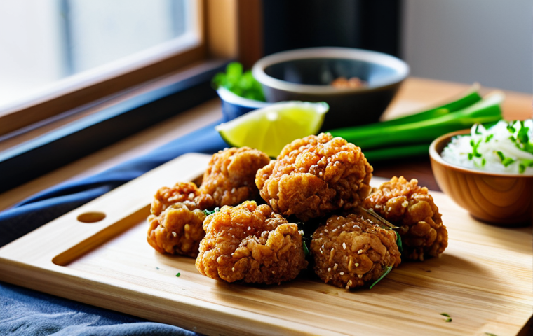 A close-up, professional food photography shot of crispy, golden-brown alternative protein "karaage" made from soy meat, showcasing its perfectly fried exterior and tender, juicy texture within. The karaage pieces are artfully arranged on a rustic wooden cutting board, accompanied by a small, elegant bowl of fresh, homemade Japanese-style grated daikon and ponzu dipping sauce. Slices of vibrant green lime or lemon and scattered fresh herbs (like chopped green onion or shiso) complete the composition. The background is a subtly blurred modern kitchen counter, bathed in soft, inviting natural light, emphasizing a fresh and healthy dining experience. safe for work, appropriate content, fully clothed, professional, modest, family-friendly, perfect anatomy, correct proportions, natural pose, well-formed pieces, natural food proportions, high quality, sharp focus, vibrant colors.