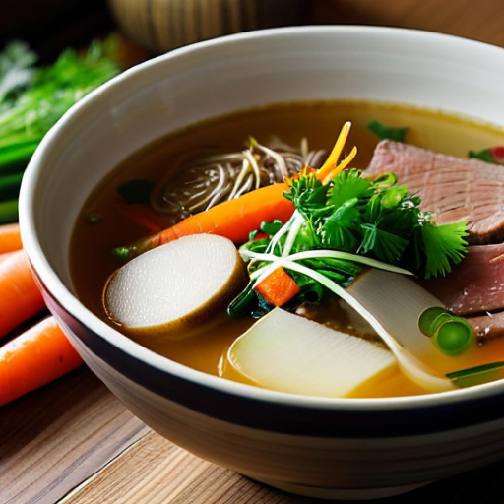 대체 단백질 요리법으로 만드는 퓨전 스프 - Japanese-style Pot-au-feu Soup**

A bowl of Japanese-style pot-au-feu soup with soy meat and root ve...