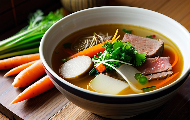 대체 단백질 요리법으로 만드는 퓨전 스프 - Japanese-style Pot-au-feu Soup**

A bowl of Japanese-style pot-au-feu soup with soy meat and root ve...