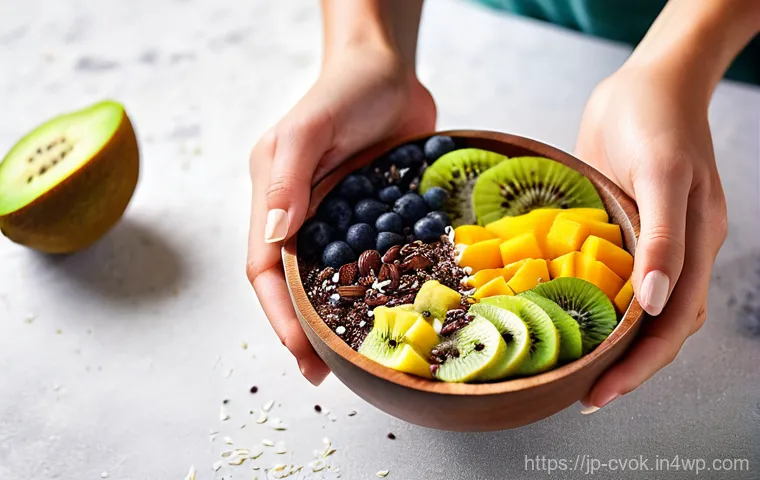 대체 단백질 요리법으로 만드는 스무디 볼 - **Morning Radiance Smoothie Bowl**
    A vibrant and wholesome smoothie bowl sits on a clean, minima...