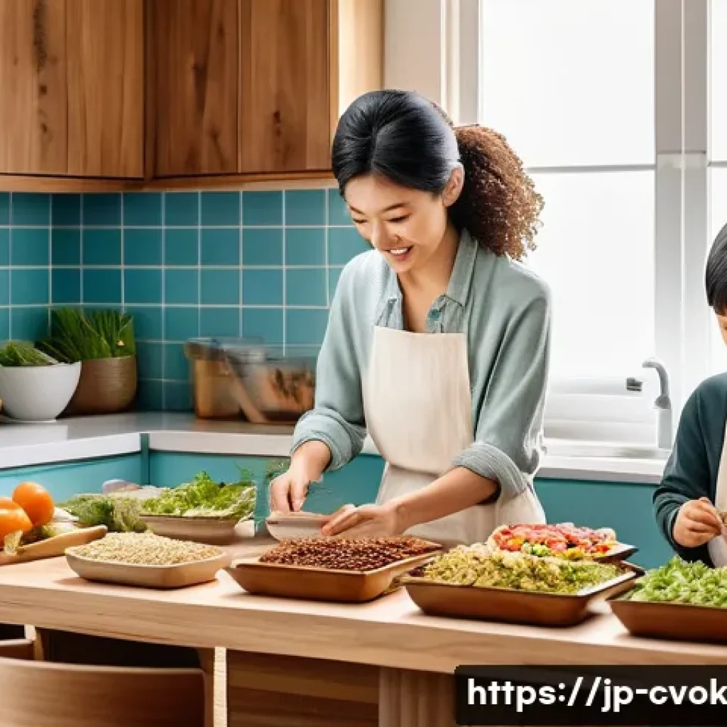 대체 단백질 요리로 다이어트 성공하기 - A vibrant, modern Japanese kitchen scene featuring a family preparing a healthy meal using plant-bas...
