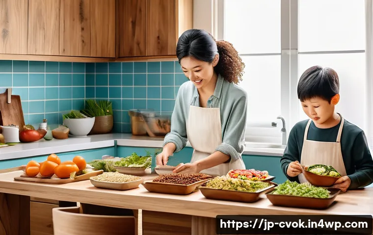 대체 단백질 요리로 다이어트 성공하기 - A vibrant, modern Japanese kitchen scene featuring a family preparing a healthy meal using plant-bas...