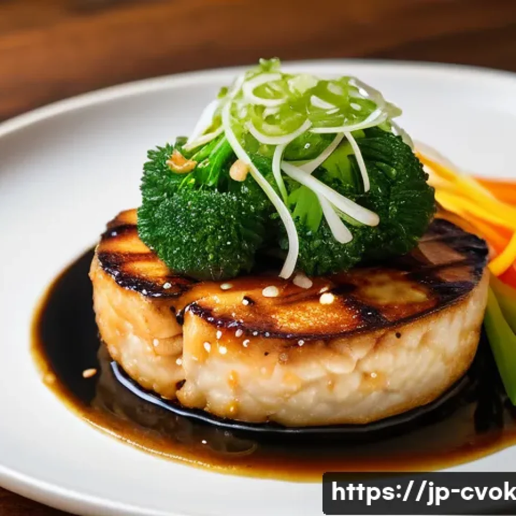 대체 단백질을 이용한 건강한 점심 도시락 아이디어 - A vibrant and appetizing Japanese-style tofu hamburger steak served on a traditional ceramic plate, ...