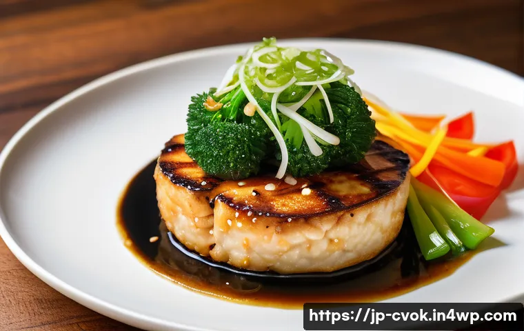 대체 단백질을 이용한 건강한 점심 도시락 아이디어 - A vibrant and appetizing Japanese-style tofu hamburger steak served on a traditional ceramic plate, ...