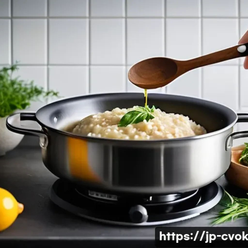 대체 단백질로 만드는 리조토 요리법 - A cozy kitchen scene showcasing a creamy risotto being prepared with plant-based protein ingredients...