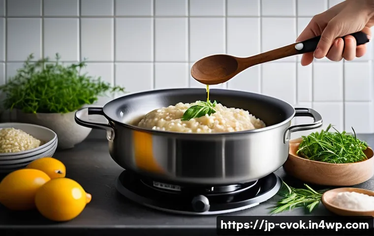 대체 단백질로 만드는 리조토 요리법 - A cozy kitchen scene showcasing a creamy risotto being prepared with plant-based protein ingredients...