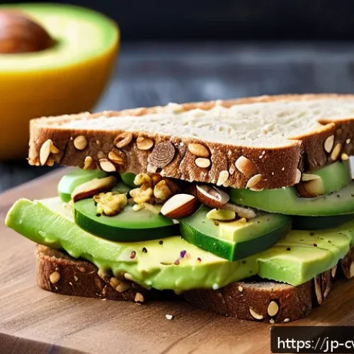 대체 단백질 요리법으로 만드는 샌드위치 아이디어 - A vibrant, close-up shot of a healthy sandwich featuring creamy mashed avocado lightly brushed with ...