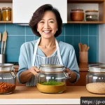 대체 단백질로 만드는 건강한 식사 준비법 - A cozy Japanese kitchen scene featuring a middle-aged woman preparing a healthy meal using tempeh an...