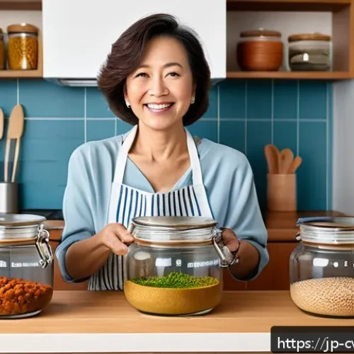 대체 단백질로 만드는 건강한 식사 준비법 - A cozy Japanese kitchen scene featuring a middle-aged woman preparing a healthy meal using tempeh an...