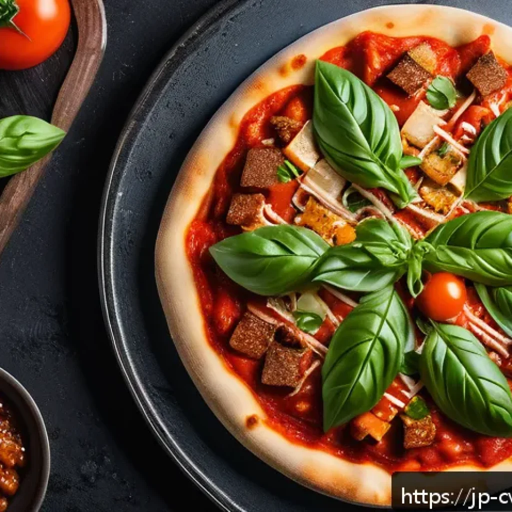 대체 단백질 요리법으로 만드는 피자 토핑 아이디어 - A close-up, vibrant overhead shot of a gourmet pizza topped with various plant-based proteins includ...