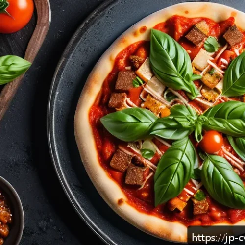 대체 단백질 요리법으로 만드는 피자 토핑 아이디어 - A close-up, vibrant overhead shot of a gourmet pizza topped with various plant-based proteins includ...