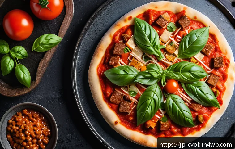 대체 단백질 요리법으로 만드는 피자 토핑 아이디어 - A close-up, vibrant overhead shot of a gourmet pizza topped with various plant-based proteins includ...
