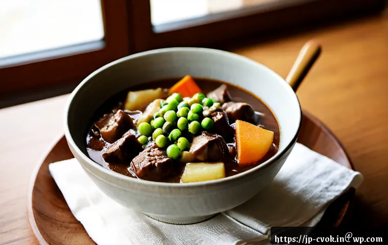 대체 단백질로 만드는 다양한 스튜 레시피 - Photorealistic Japanese home kitchen scene, a warm ceramic bowl of hearty plant-based beef-style ste...