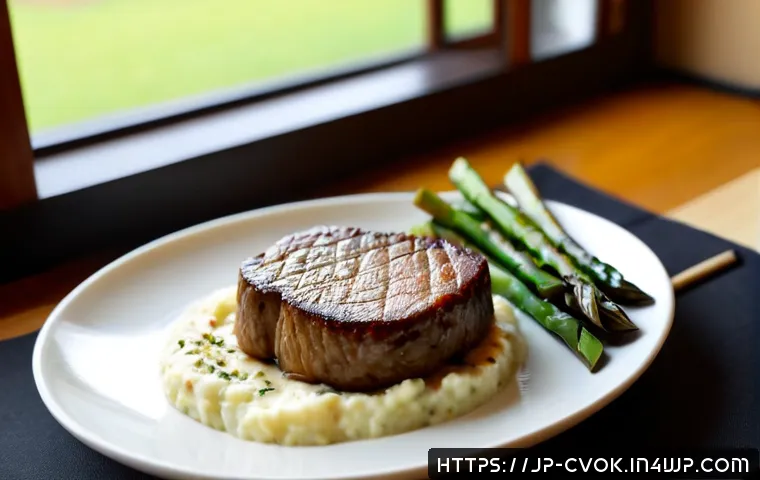 대체 단백질 요리법으로 만드는 비건 스테이크 - Photorealistic close-up of a homemade vegan steak made from pea protein and mushrooms, thick seared ...