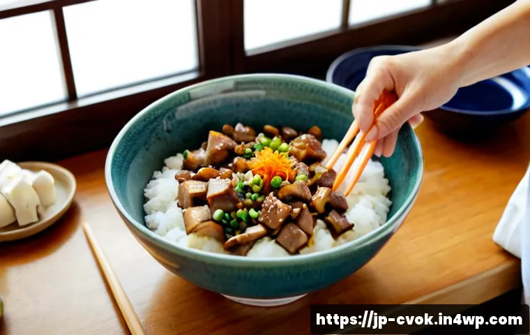 콩고기 요리를 위한 대체 단백질 요리법 - Photorealistic Japanese home kitchen scene, a clear glass bowl of rehydrated soy meat chunks beside ...